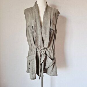 XCVI Justina Cotton Gauze Utility Vest Drawstring Tie-Front Pocket Olive